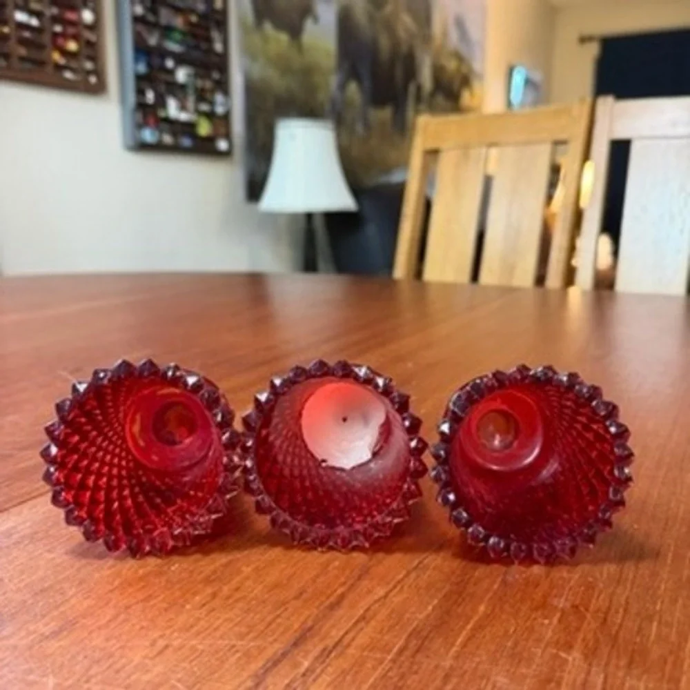 THREE Vintage Ruby Red Glass Hobnail Diamond Point Peg Votive Candle Holders MCM